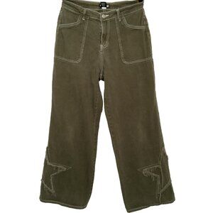 Hot Topic Wide Leg Pants Junior Size 9 Khaki Green Heavy Twill Distressed Stars